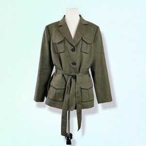 TAHARI ASL Blazer Jacket 14W Belt Tie Waist Brown military powerfull career edgy